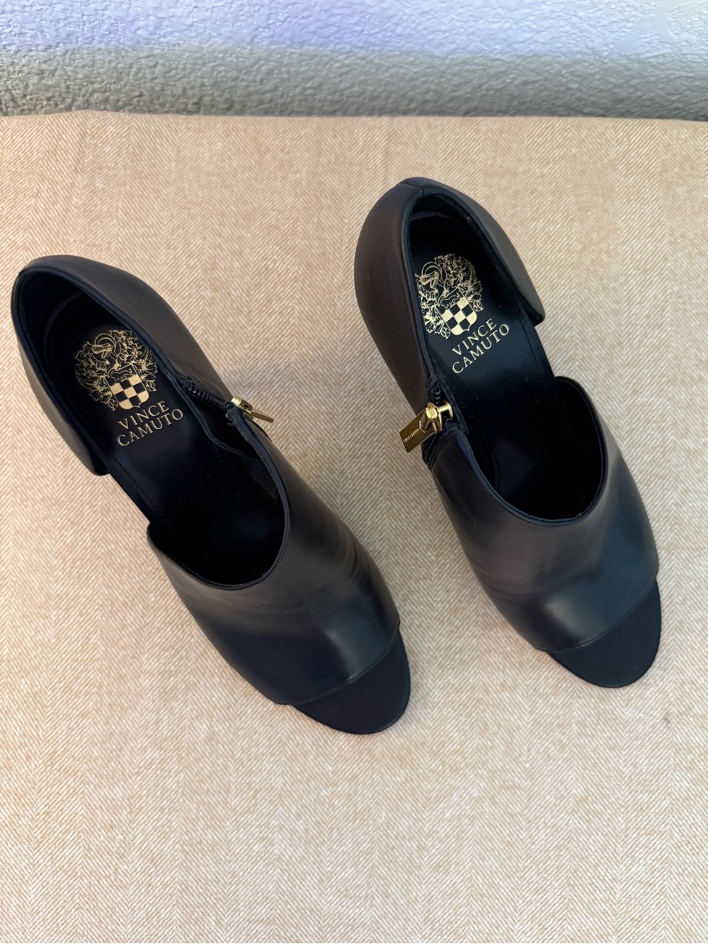 Worn once. Vince Camuto Black Leather Open-Peep Toe Heels with Gold Accent 9.5M